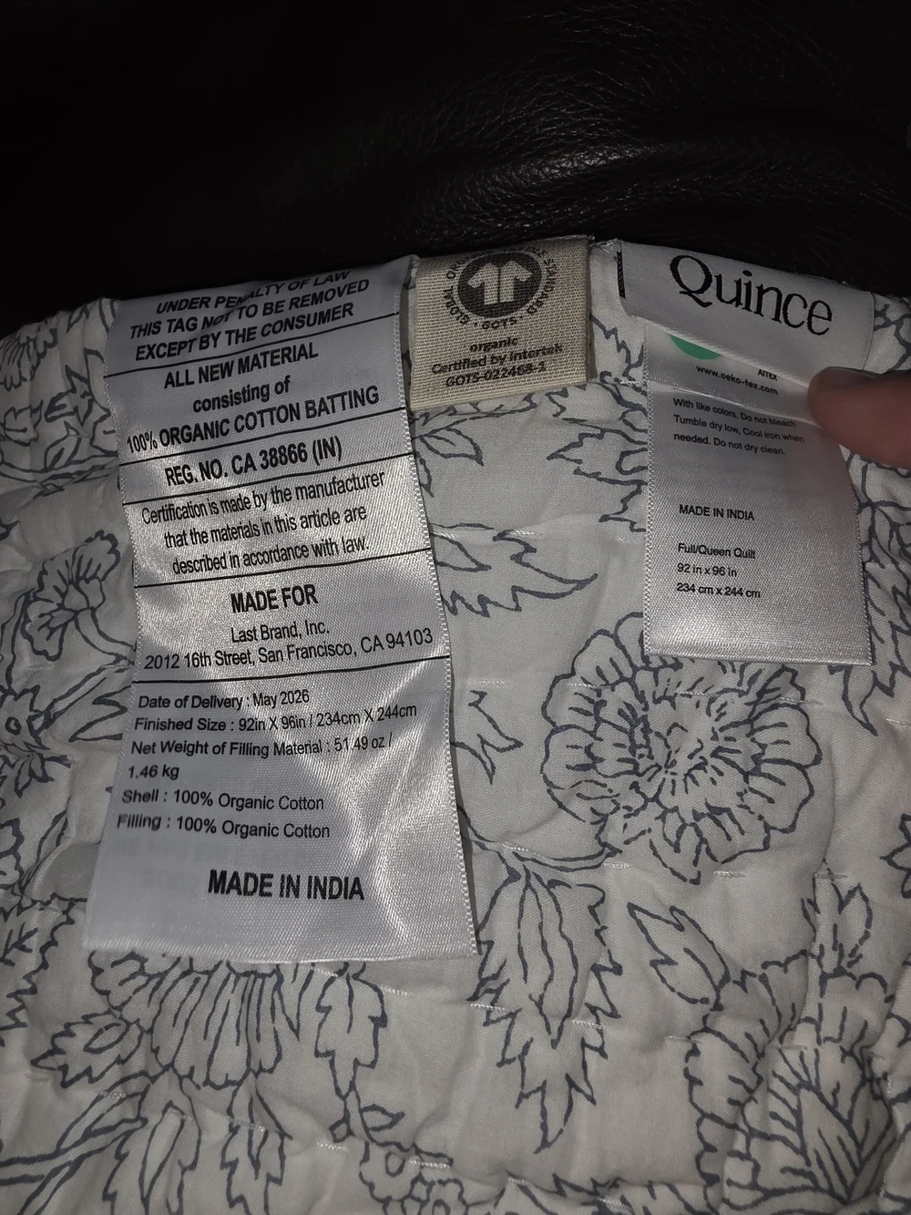 Quince Organic Cotton Block Print Quilt Set - Full/Queen - Blue